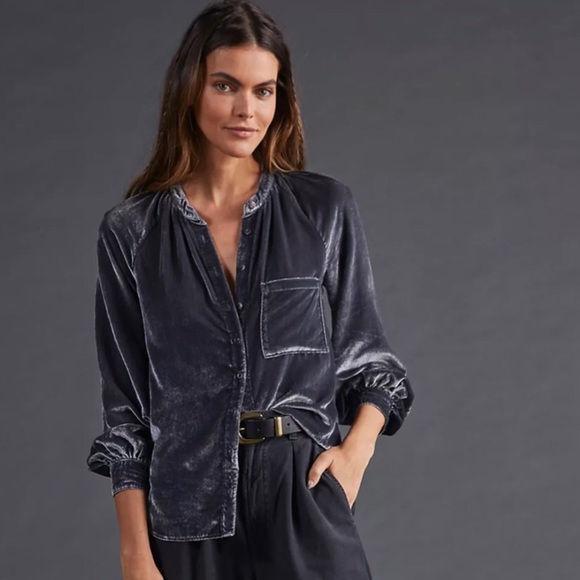 Pilcro Tops - Anthropologie Pilcro Women’s Gray Puff Sleeve Button Down Velvet Blouse Size S